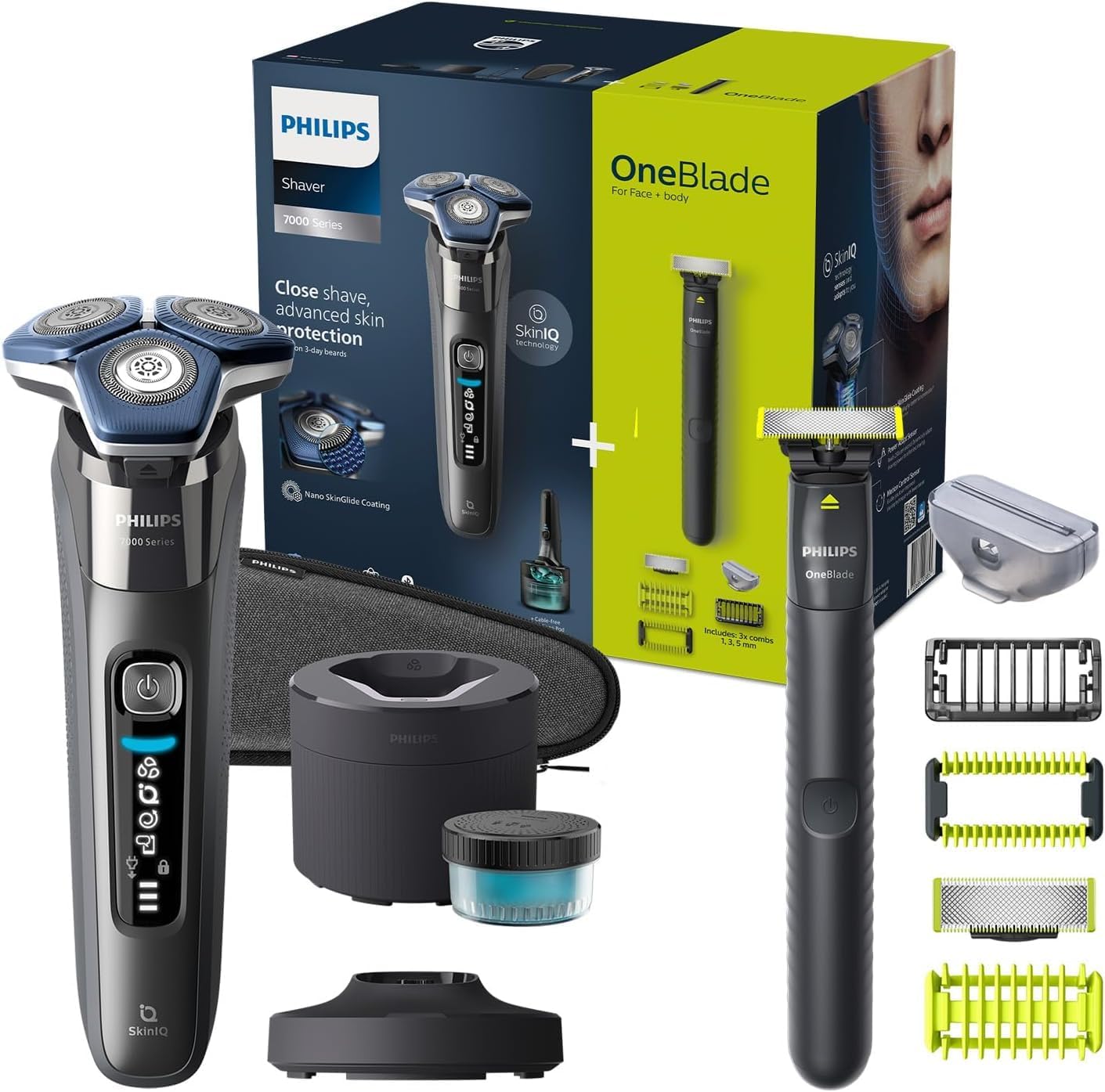 Philips Shaver Series 7000 - Rasoio elettrico Wet Dry con tecnologia SkinIQ cromato scuro con rifinitore a scomparsa, Quick Clean Pod e cartuccia, OneBlade Philips (moi S7887/78 e QI1864/20)