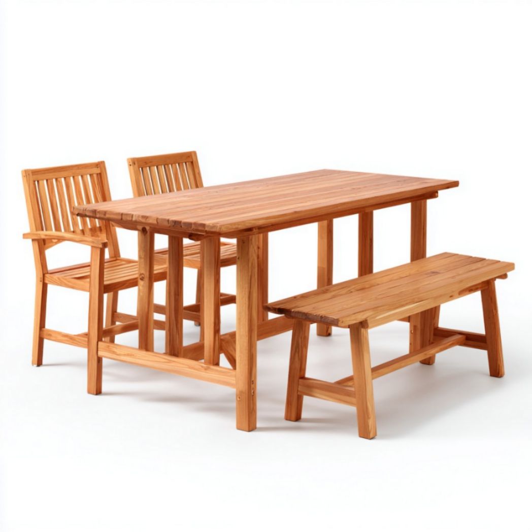 Set da pranzo in legno massello con tavolo rettangolare, due sedie e panca