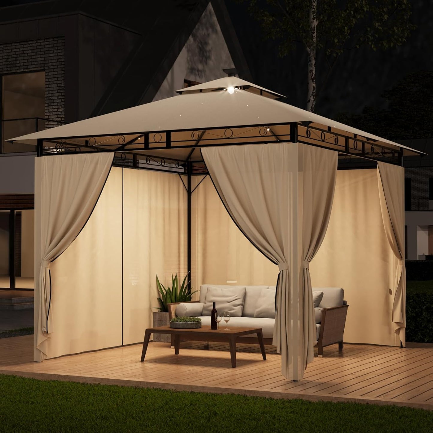 3 x 3 Waterproof Cold Proof Gazebo Garden Gazebo with Metal Frame, Patio Gazebos, Beige