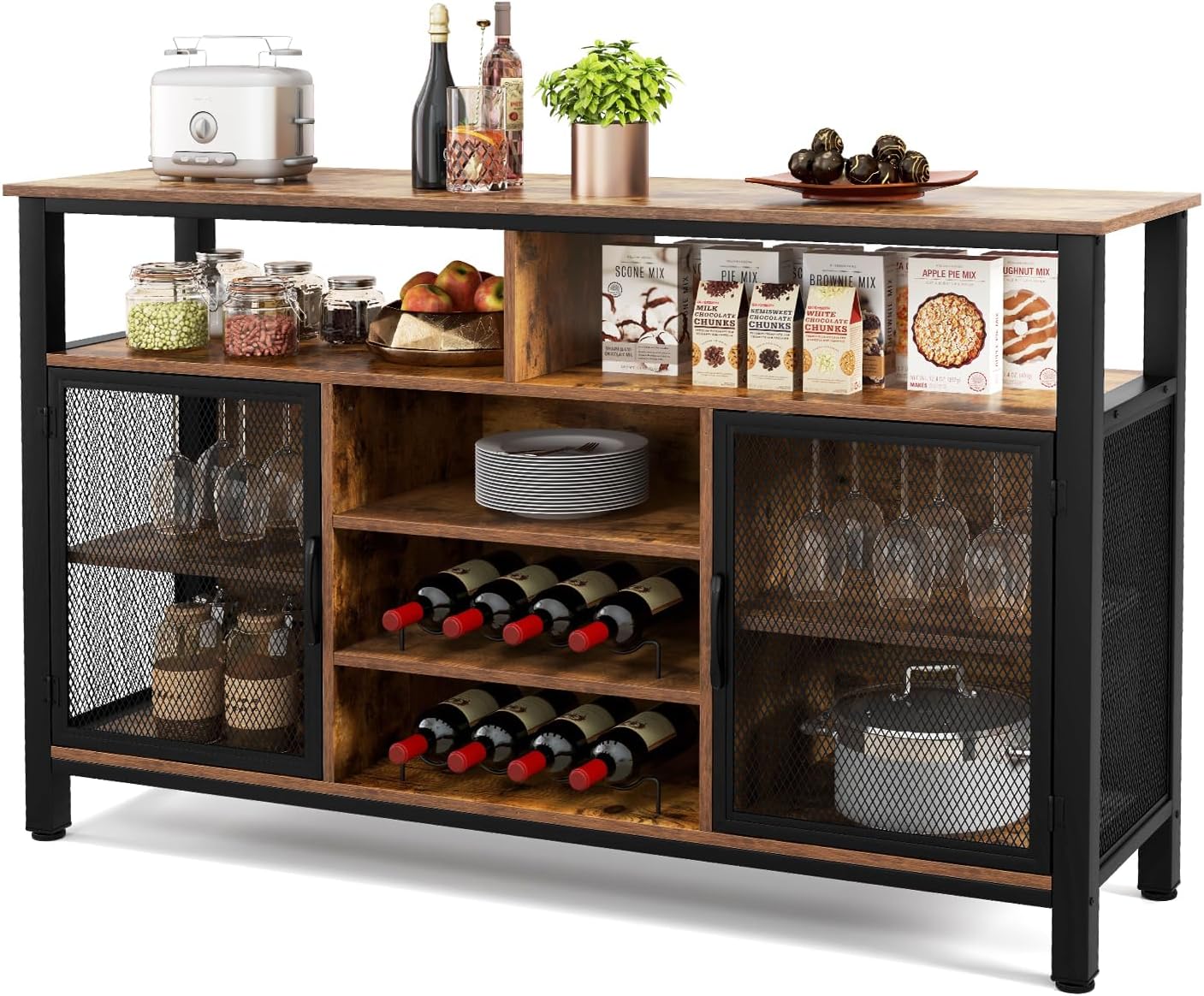 GIANTEX Credenza da Buffet, Mobilellto da Cucina con Portabottiglie e Portabicchieri, Porta TV per TV fino a 60 con 2 Armadietti con Anta, 3 Ripiani e 2 Scomparti Aperti, Nero/Grigio(Marrone)
