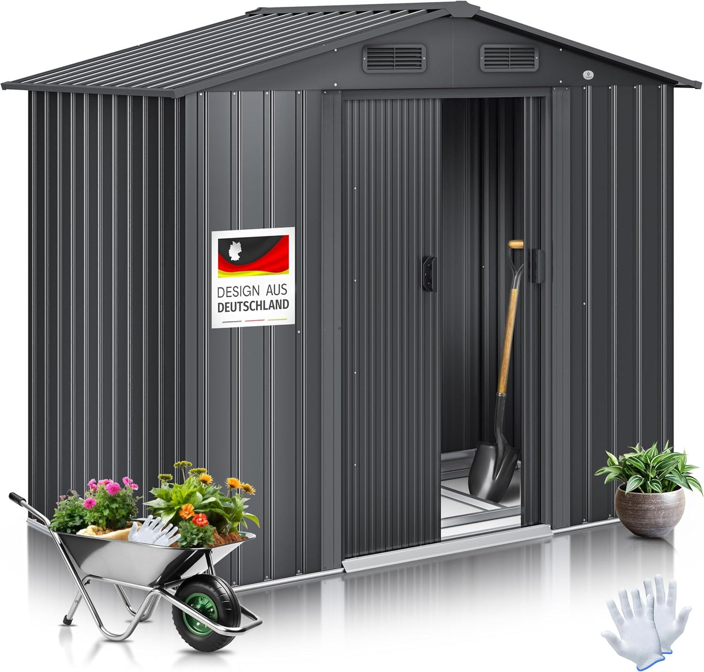 KESSER? Casetta per attrezzi L in metallo, 3,4 m3 con fondazione | 195 x 131 x 186 cm | 2 porte scorrevoli e fondamenta | capanno per attrezzi | Armadio da giardino | tetto spiovente