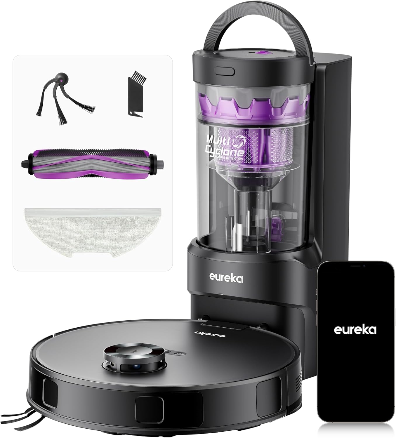 EUREKA E20 Evo Plus Robot Aspirapolvere e Lavapavimenti, 10.000Pa, Anti-Groviglio, 180min Autonomia, Mappatura LDS, Base Senza Sacchetto, Controllo Vocale, Nero