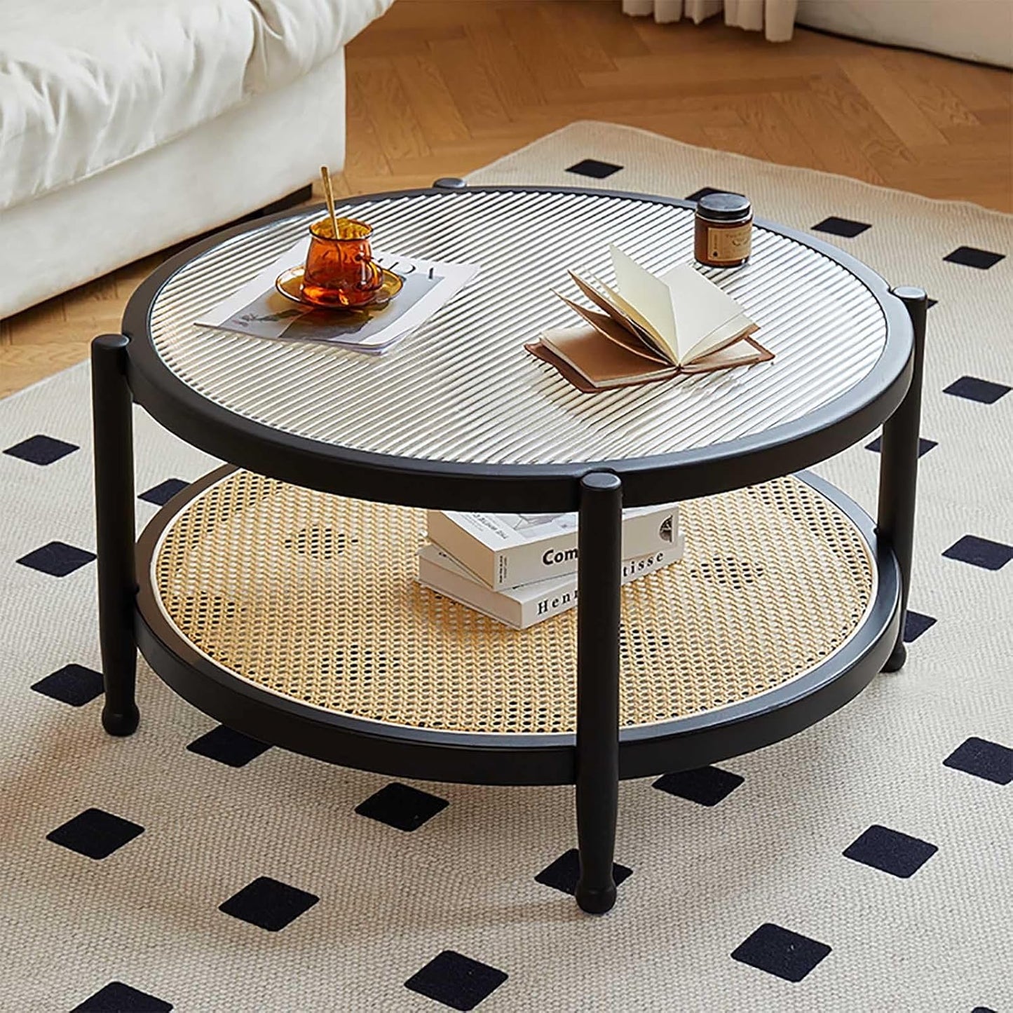 Tavolino Rotondo, Tavolino da caff¨¨ Rotondo in Legno in Stile Moderno Fattoria, con Piano in Vetro e ripiano portaoggetti - Circolare for Piccolo Soggiorno(Black)