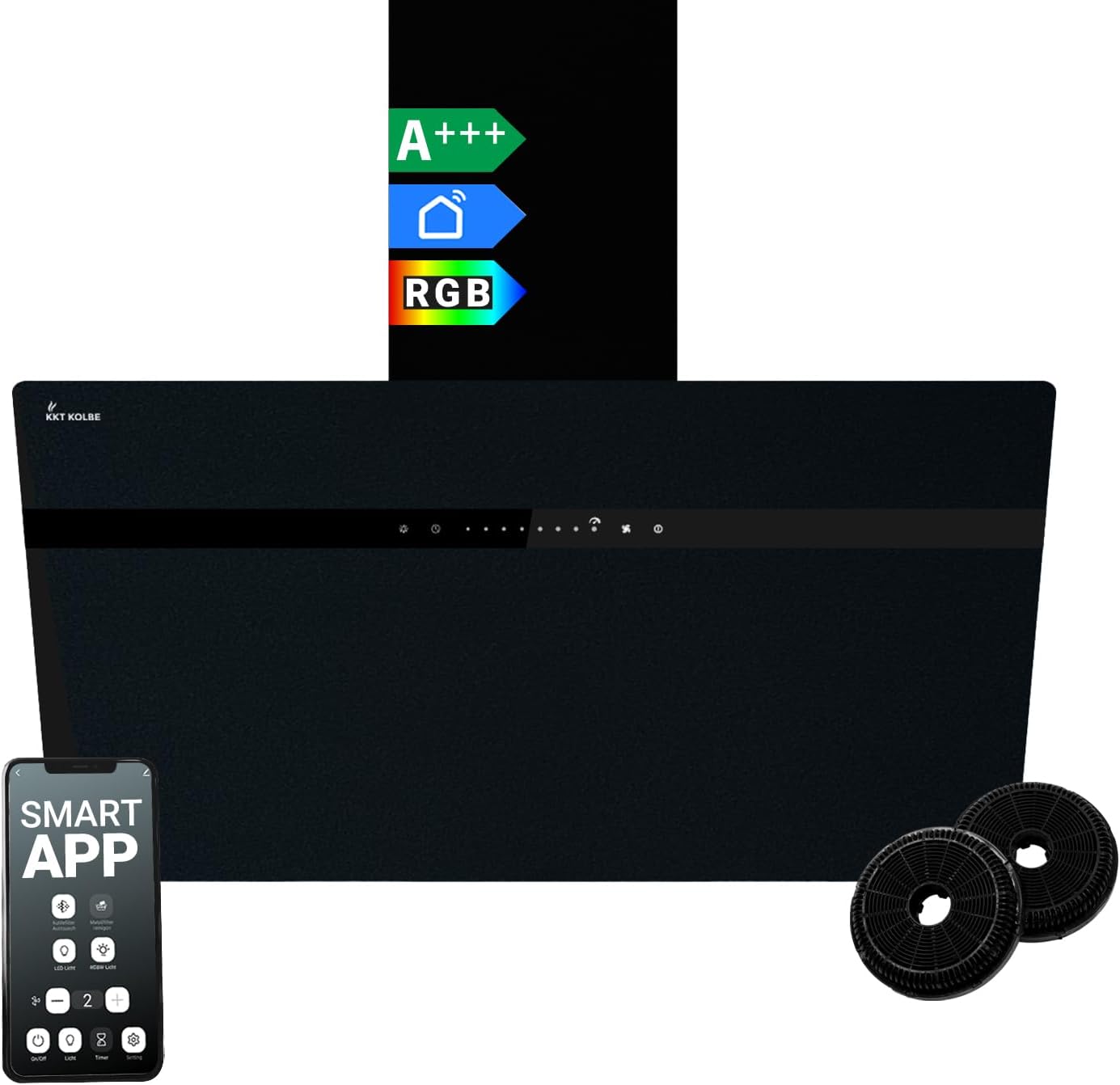 KKT KOLBE Cappa aspirante 80 cm | Cappa a Parete | Acciaio Inossidabile | Vetro Nero | WiFi | auto spegnimento | Illuminazione LED RGBW | Operazione di tocco | STYLE8005SMAO