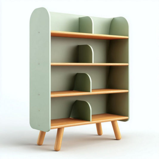 Libreria a giorno verde chiaro con ripiani in legno di faggio e divisori curvi