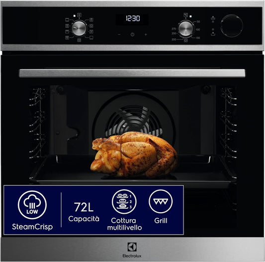 Electrolux LOC5H40X2 Forno da Incasso Serie 600 SteamCrisp, 72L, Multifunzione con Cottura a Vapore, ClasseA, Pulizia AquaClean, Display LED, Acciaio Inox, 589x596x569 mm
