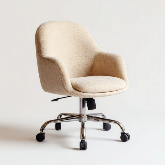 Sedia da ufficio girevole imbottita in tessuto poliestere beige con base in acciaio lucido