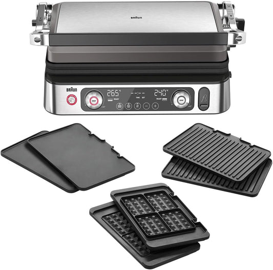 Braun MultiGrill9 CG9167 Griglia Elettrica a Controllo Elettronico, 2 Termostati Indipendenti, 3 Posizioni Cottura, Termosonda, Funzione BOOST, in Dotazione 1 Set Piastre Griglie+Liscie+Waffle, 2200W