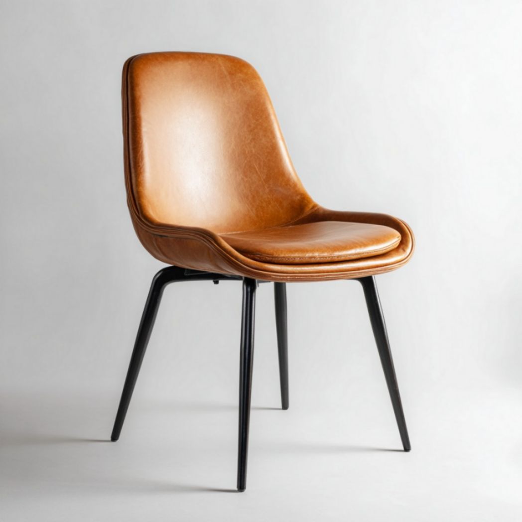 Sedia da pranzo in pelle marrone con gambe nere