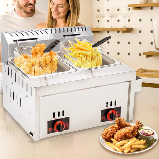 Friggitrice a Gas Professionale 20L Doppia Vasca in Acciaio Inossidabile ad Alta Capacit¨¤ con Cestello per Patatine - Per Ristoranti, Cucine Domestiche e Chioschi