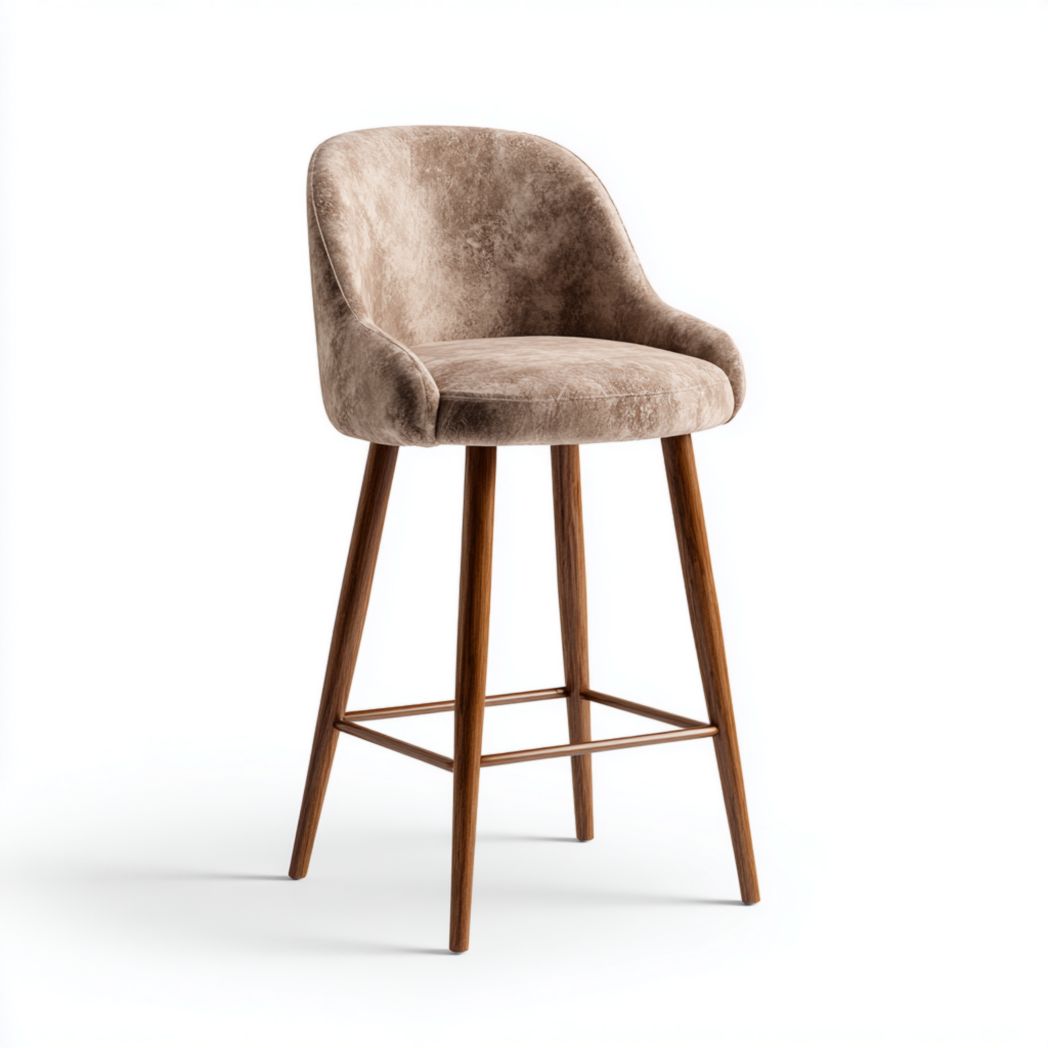 Sgabello alto con seduta beige in tessuto sintetico e gambe in acciaio effetto legno