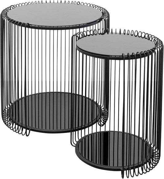 KARE Design tavolini d`appoggio Wire Double, nero, Set da 2, diametro grande 46 cm, diametro piccolo 43 cm, 4 ripiani di vetro colorato, stile minimalista, moderno