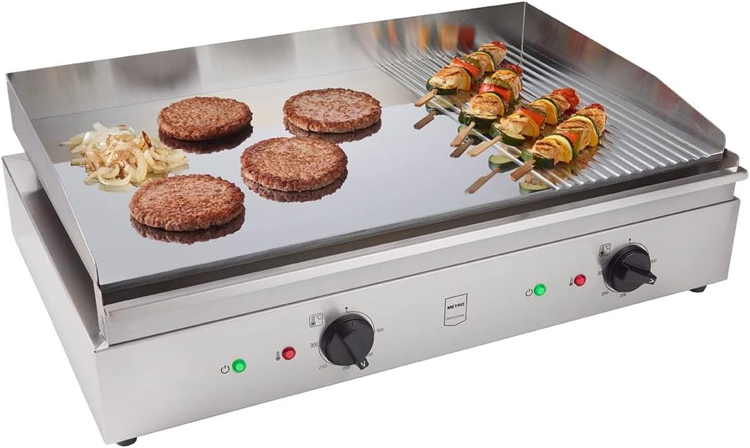 METRO Professional Piastra Elettrica GEG2112, Acciaio Inox, 3500 W, Superficie di Cottura 68.8x41cm, Temp.: 50-300¡ãC, Griglia con Vaschetta Raccolta Grassi, Argento
