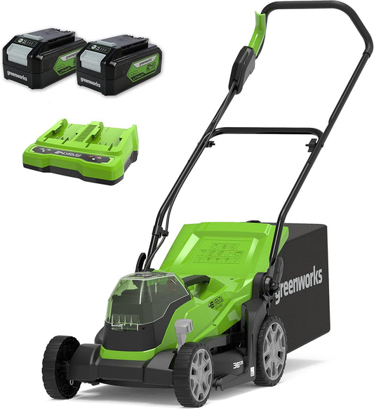 Greenworks G24X2LM36K4X Tagliaerba a Batteria per Prati Fino a 840m2, Ampiezza di Taglio 36cm, Sacca da 40L CON Due Batterie 2 x 24V (Pari a 48V) 4Ah e Caricabatterie Doppio, Garanzia 3 Anni