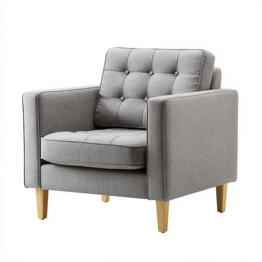 Poltrona singola in tessuto grigio chiaro con gambe in legno chiaro