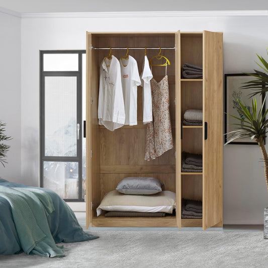 [en.casa] Closet for Bedroom Closet with Doors 4 Compartments, Coat Rail, 176 x 120 x 52 cm, Oak Effect