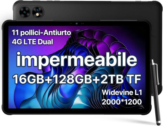 UMIDIGI Rugged Tablet 11 2K,16GB+128GB/TF 2TB Tablet Android,10000mAh Impermeabile Tablets con Dual SIM 4G LTE,2GHz Octa-Core, Tablets,Dual 16MP, 4 Altoparlanti Stereo,2.4+5G Wifi/GPS/