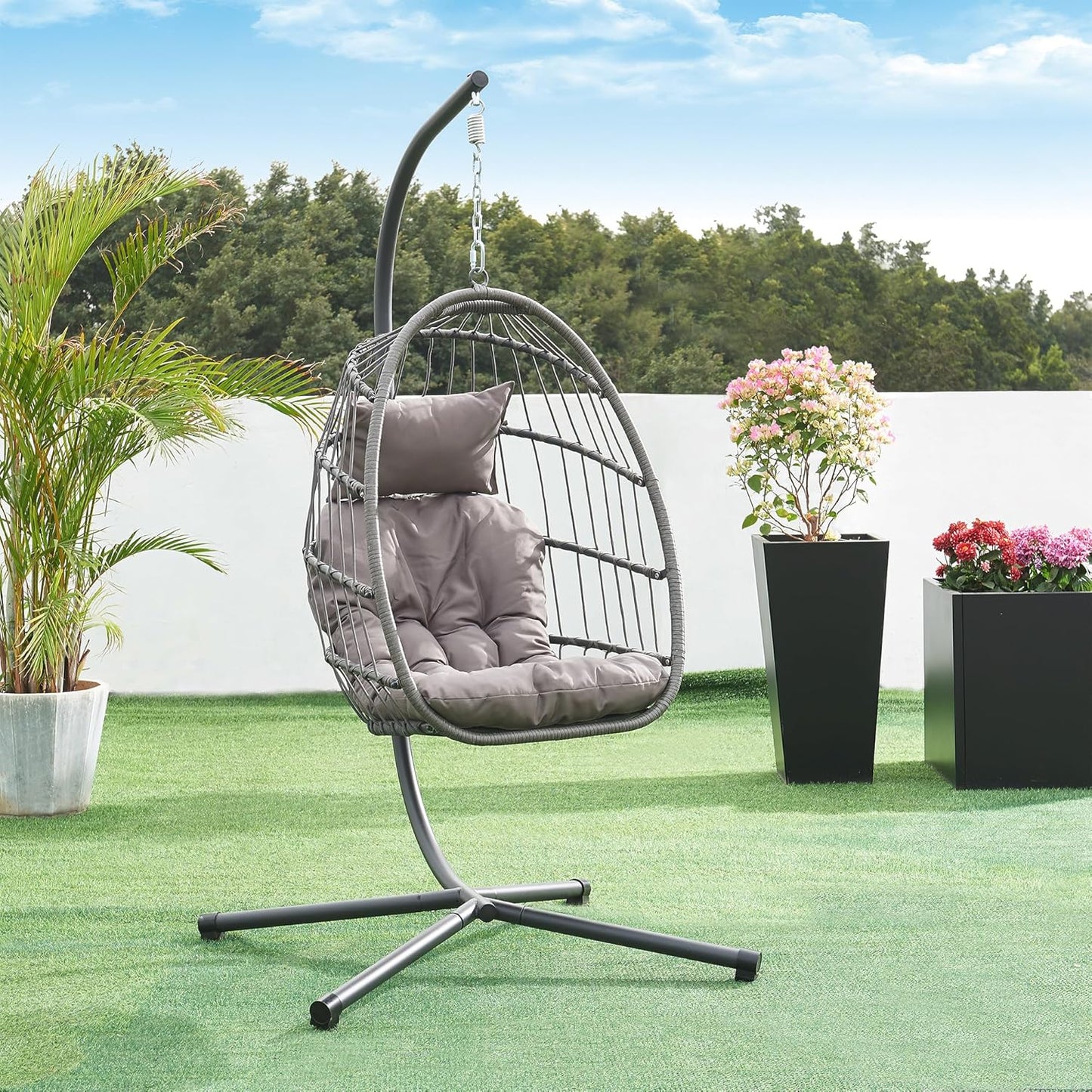 [en.casa] Hanging Egg Chair with Steel Support, Hanging Chair with Cushions, Polyrattan Basket for Outdoor and Indoor ¨C Grey