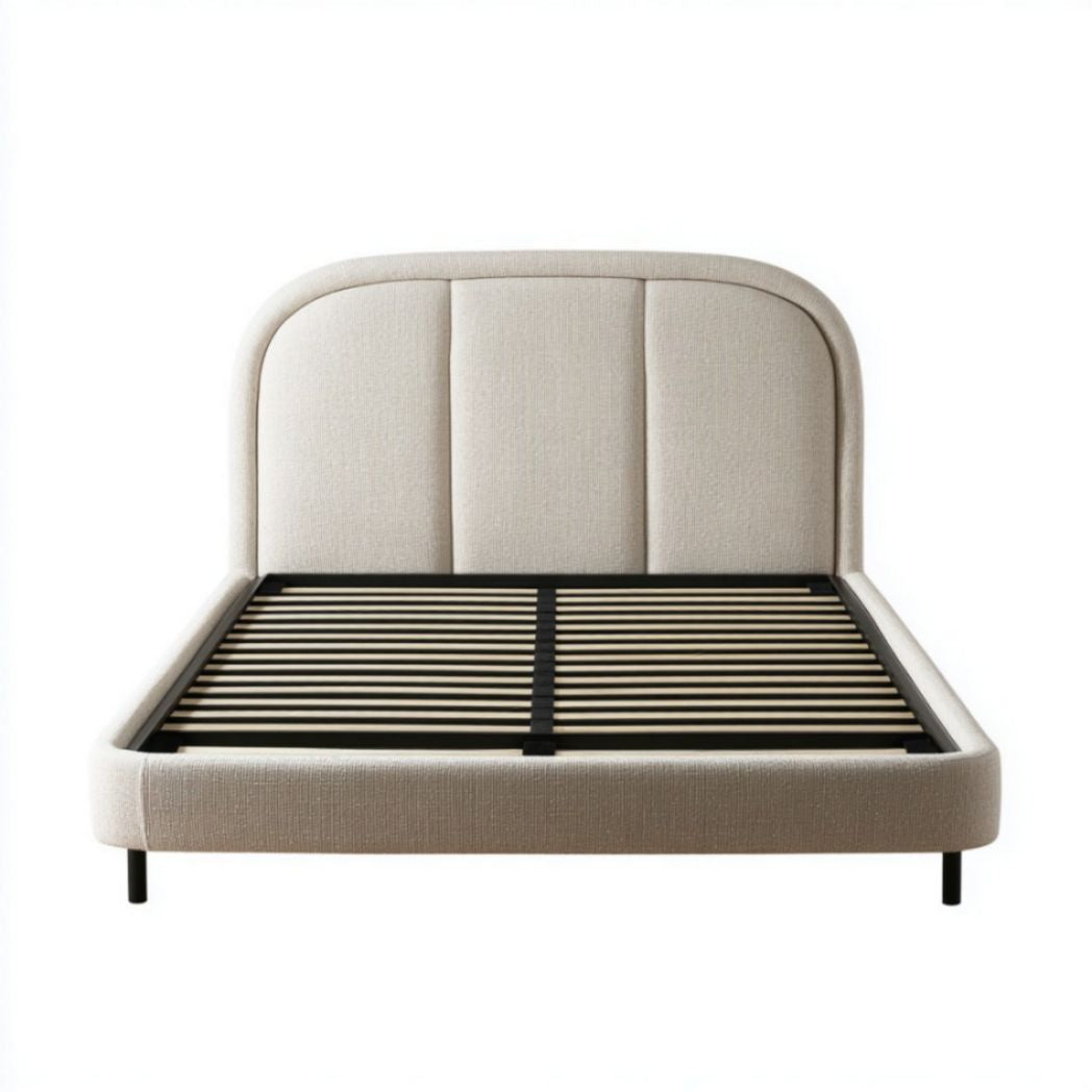 Letto Matrimoniale in Tessuto di Poliestere Beige con Testiera Imbottita e Struttura in Acciaio Nero
