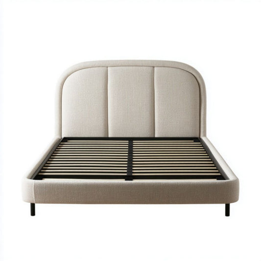 Letto Matrimoniale in Tessuto di Poliestere Beige con Testiera Imbottita e Struttura in Acciaio Nero