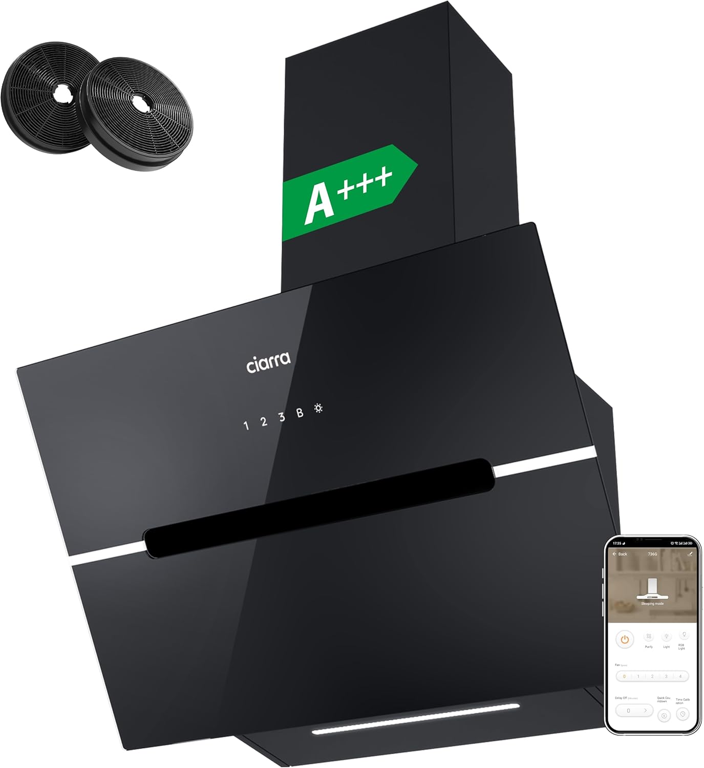 CIARRA CBCB6736F Classe A+++ Cappa Aspirante Inclinata 60 cm 650m3/h Controllo touch 4 livelli con Filtro Carbone CBCF003 Riciclaggio Evacuazione Cappa Decorativa Nero