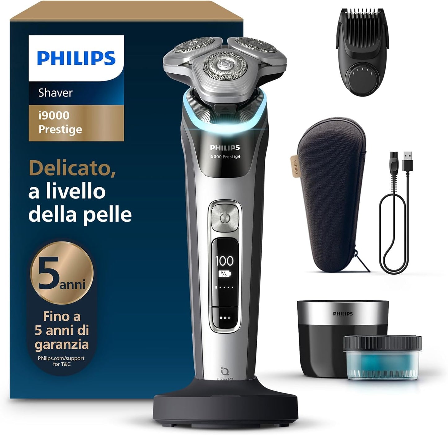 Philips Shaver i9000 Prestige, rasoio elettrico Wet  Dry, tecnologia Skin IQ, triplo sistema di sollevamento e taglio, doppie lame in acciaio di precisione 360¡ã, styler per barba, moo XP9204/33
