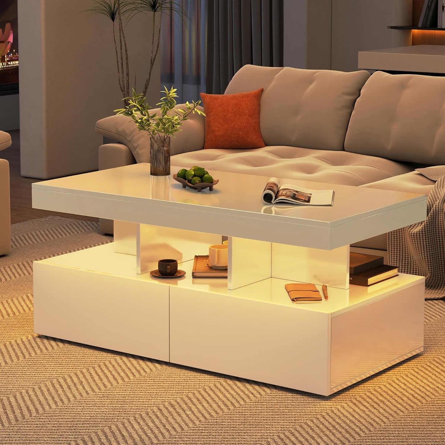 Tavolino rettangolare da salotto con LED e 2 cassetti, tavolino da salotto moderno, bianco, per il soggiorno (bianco)