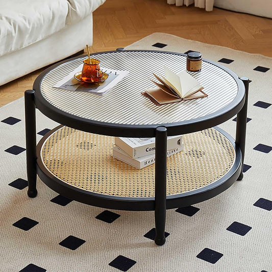 Tavolino Rotondo, Tavolino da caff¨¨ Rotondo in Legno in Stile Moderno Fattoria, con Piano in Vetro e ripiano portaoggetti - Circolare for Piccolo Soggiorno(Black)