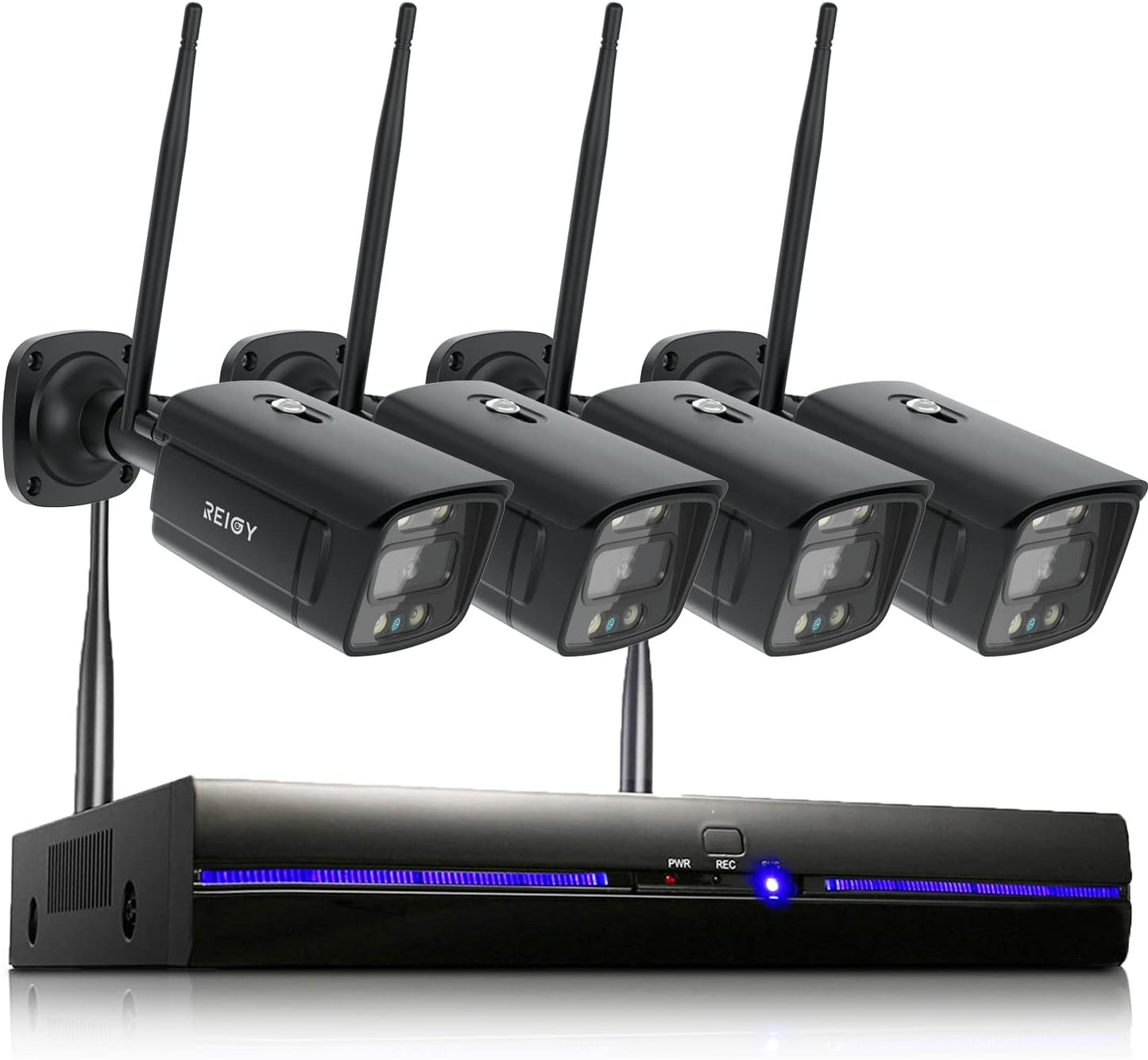 REIGY 3MP Kit Videosorveglianza Wifi Esterno con Spotlight, Telecamera 4x 1296P VideoCamera, Sistema di Sicurezza Interno con Visione Notturna a Colori, Audio Bidirezionale Senza HDD Nero