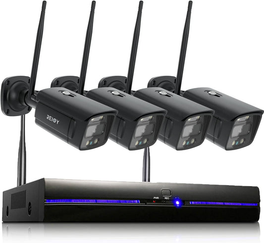 REIGY 3MP Kit Videosorveglianza Wifi Esterno con Spotlight, Telecamera 4x 1296P VideoCamera, Sistema di Sicurezza Interno con Visione Notturna a Colori, Audio Bidirezionale Senza HDD Nero