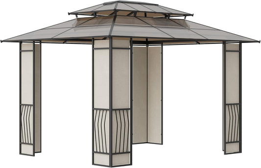 Outsunny Garden Gazebo 3.7 x 3 m with 2-Tier Polycarbonate Roof, Steel and Aluminium Structure, Brown