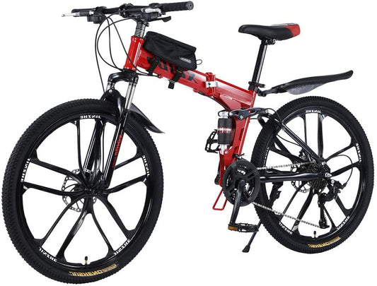 Mountain bike pieghevole da 26 pollici, con doppio assorbimento degli urti, telaio in fibra di carbonio con borsa per bicicletta, freni a disco, bici a sospensione completa perfetta (rosso)