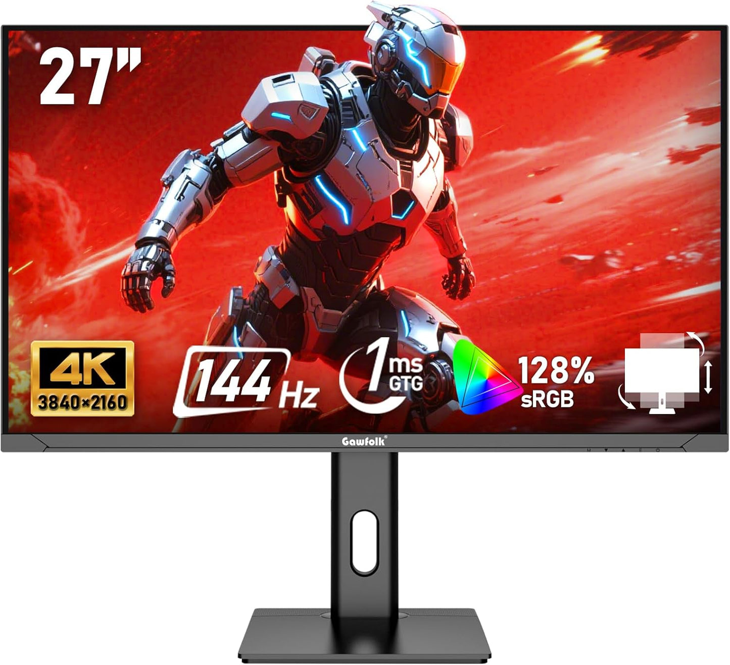 Gawfolk Schermo PC IPS da 27 pollici, Monitor Gaming 4K 144Hz, 1ms, FreeSync, 128% sRGB, Angolo di Visualizzazione 178¡ã, HDMI 2.1, DisplayPort, Regolabile in Altezza e Girevole, VESA75x75MM - Nero