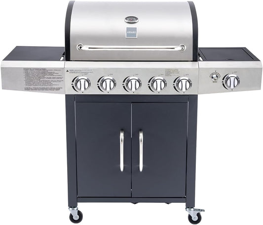 Barbecue a Gas Professionale XXL Con 6 Fuochi Multifunzione Da 19 KW, Completo Di Bruciatore Laterale, Coperchio, Termometro, Griglia In Ghisa, Ruote, Portabombola E Struttura In Acciaio Inox
